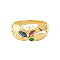 Yellow Gold Bangle Ring with Emerald, Sapphire, and Ruby