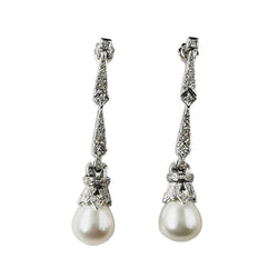 White Gold Dangle Earrings with Pearls and Diamonds