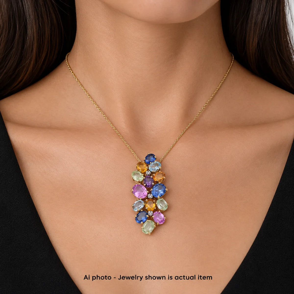 Collier Pendentif TREA en or jaune, aigue-marine, topaze, quartz citrine, tourmaline, aventurine et diamants