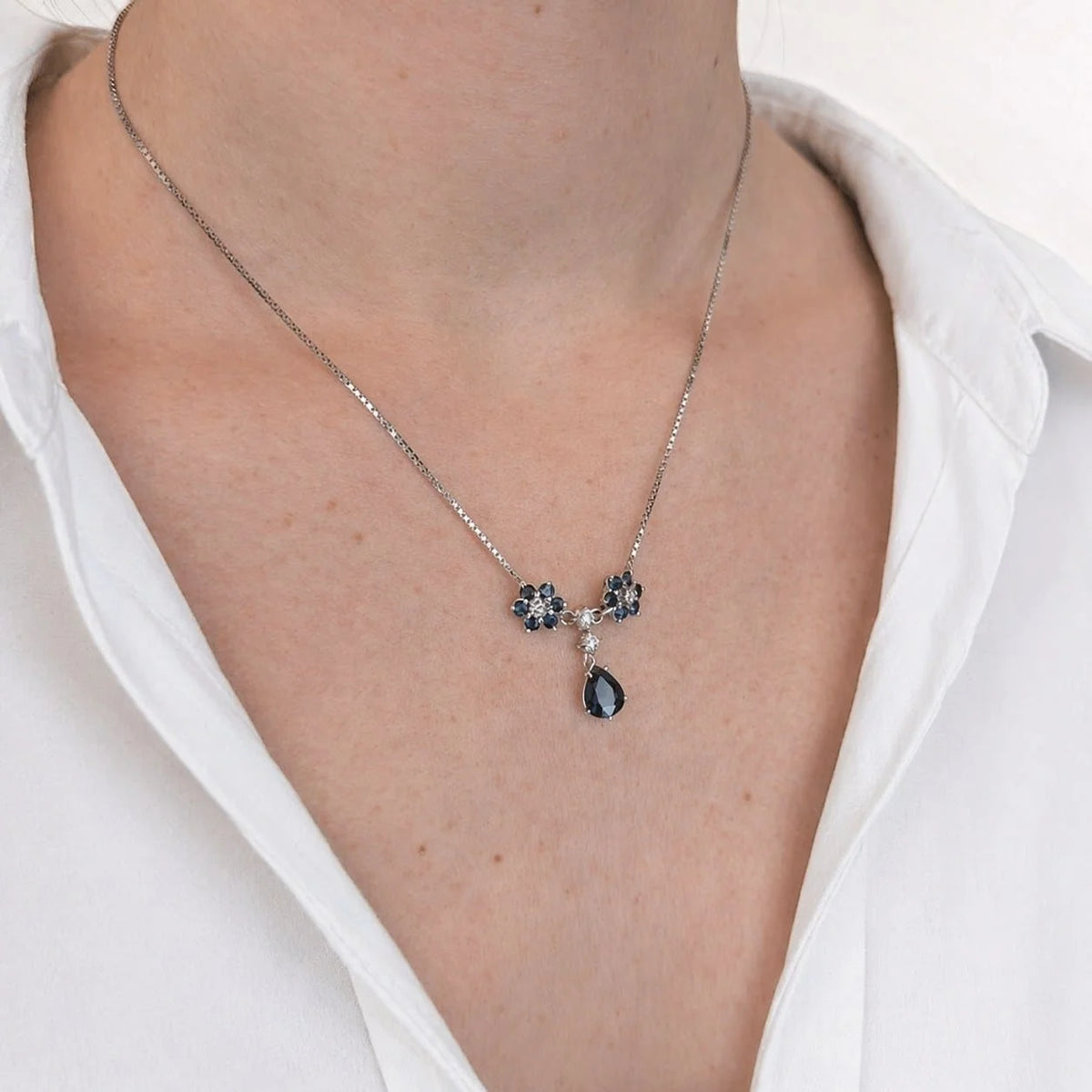 White Gold Necklace with Sapphire and Diamond Pendant