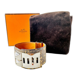 HERMÈS "Dog Collar" Leather and Steel Cuff Bracelet