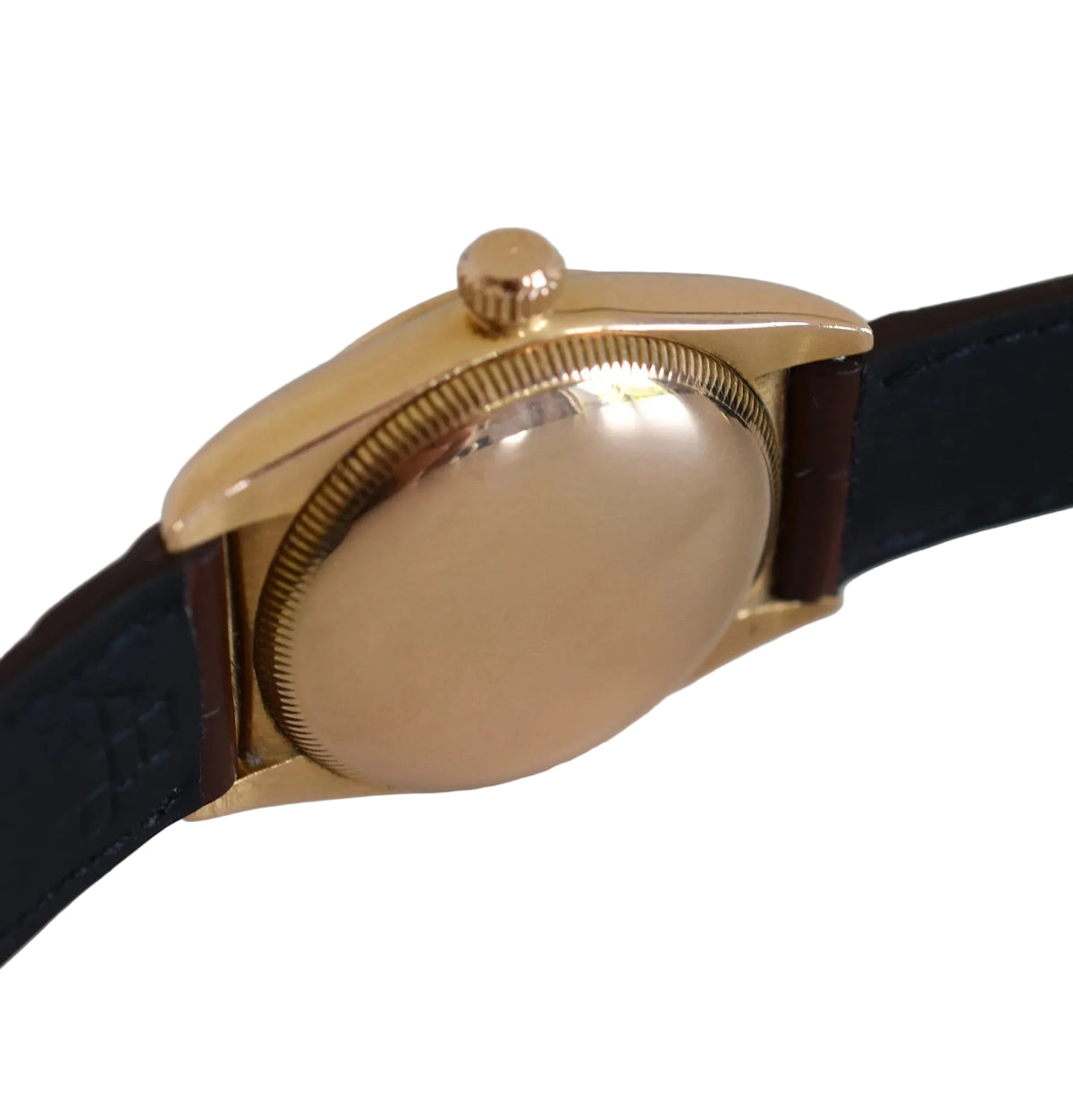 ROLEX "Perpetual Ovetto Bubbleback" watch in rose gold and leather