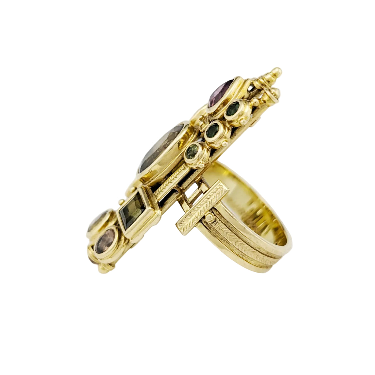 Yellow gold ring with multicolored stones