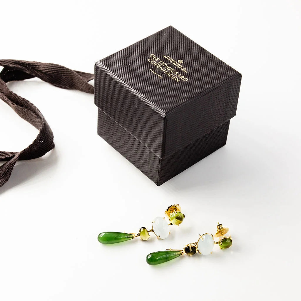 OLE LYNGGAARD "Aqua Lotus" Dangle Earrings in yellow gold with aquamarine, peridot, Tourmaline, and serpentine
