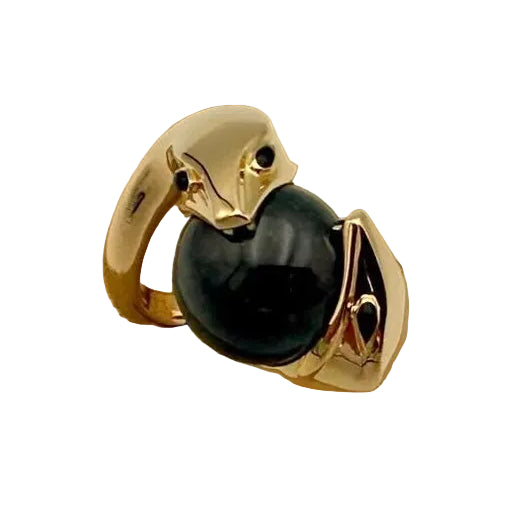 BOUCHERON “TROUBLE” Ring, 18K Gold, Gray Jade, Black Enamel (Size 52)