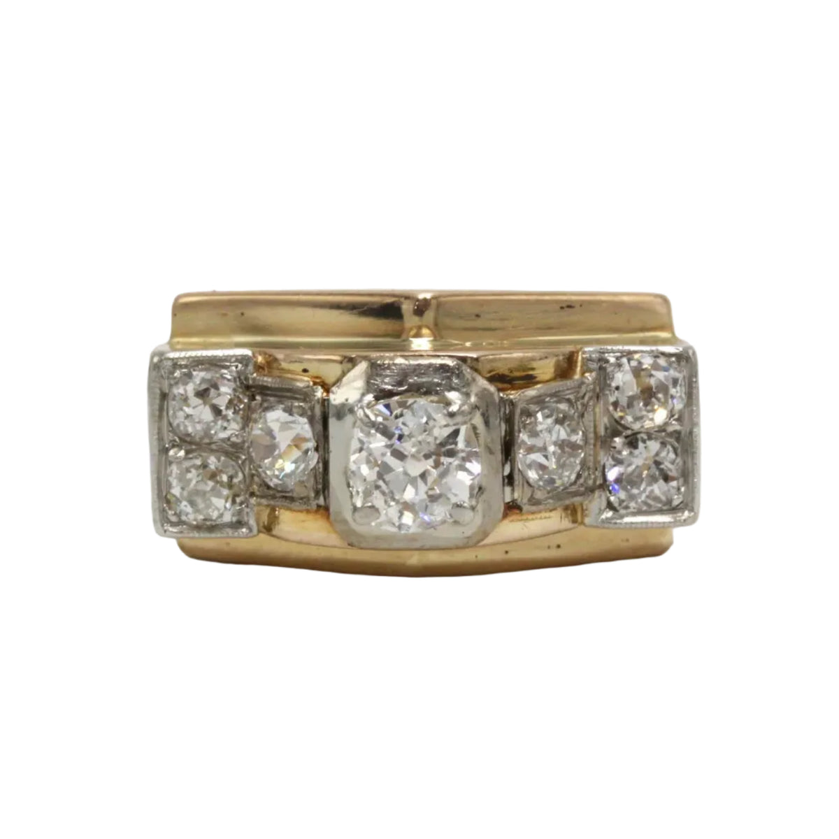 Tank Ring in Yellow Gold, Platinum, and Diamonds