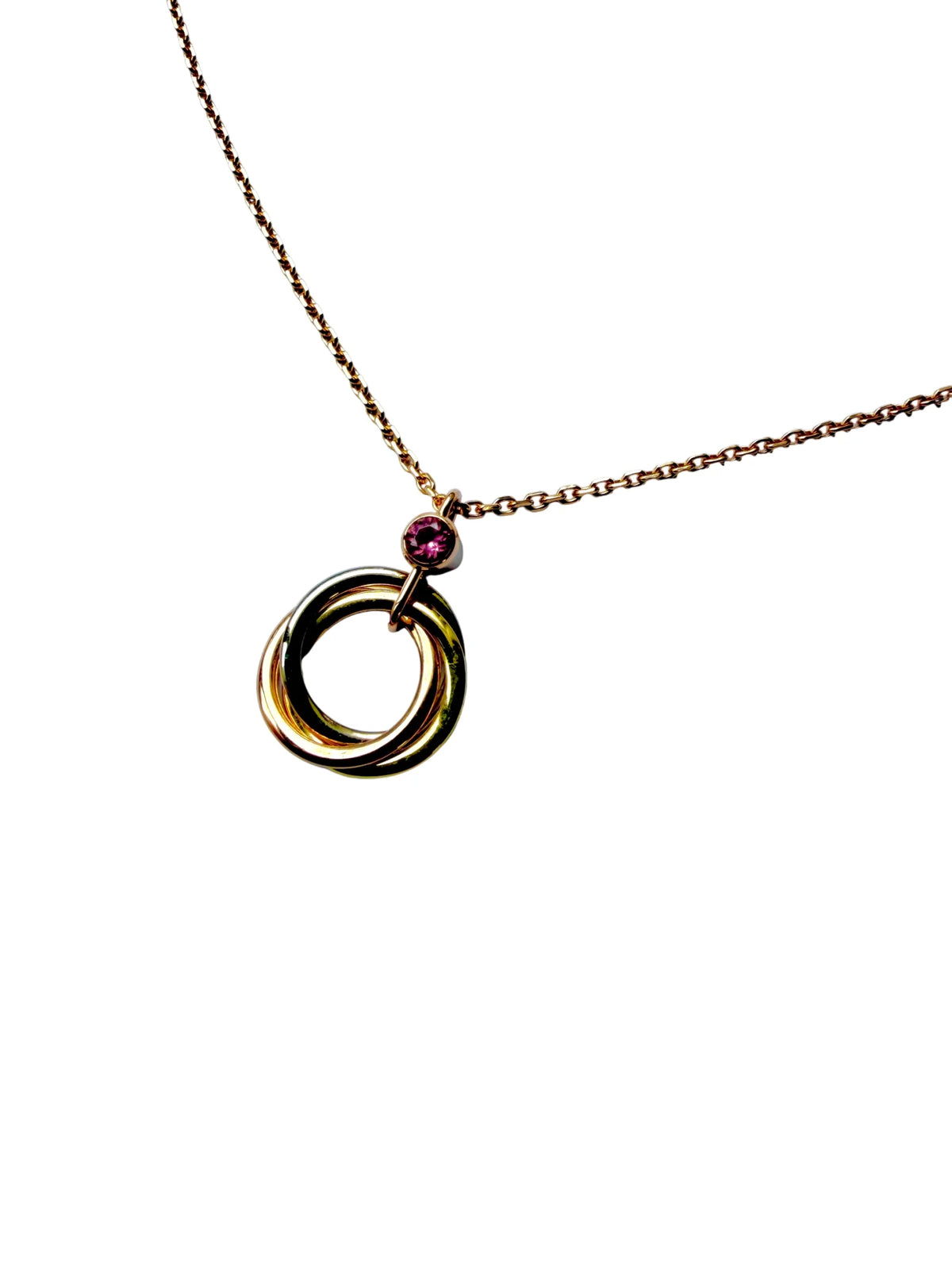 CARTIER "Trinity Mini" Pendant Necklace in white gold, yellow gold, rose gold, and sapphire