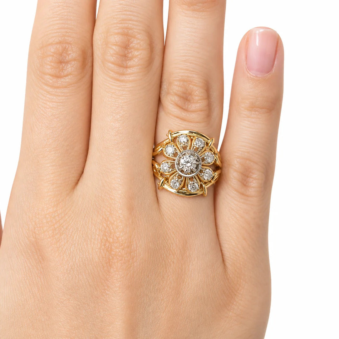 Tank Ring in yellow gold, Platinum, and Diamonds
