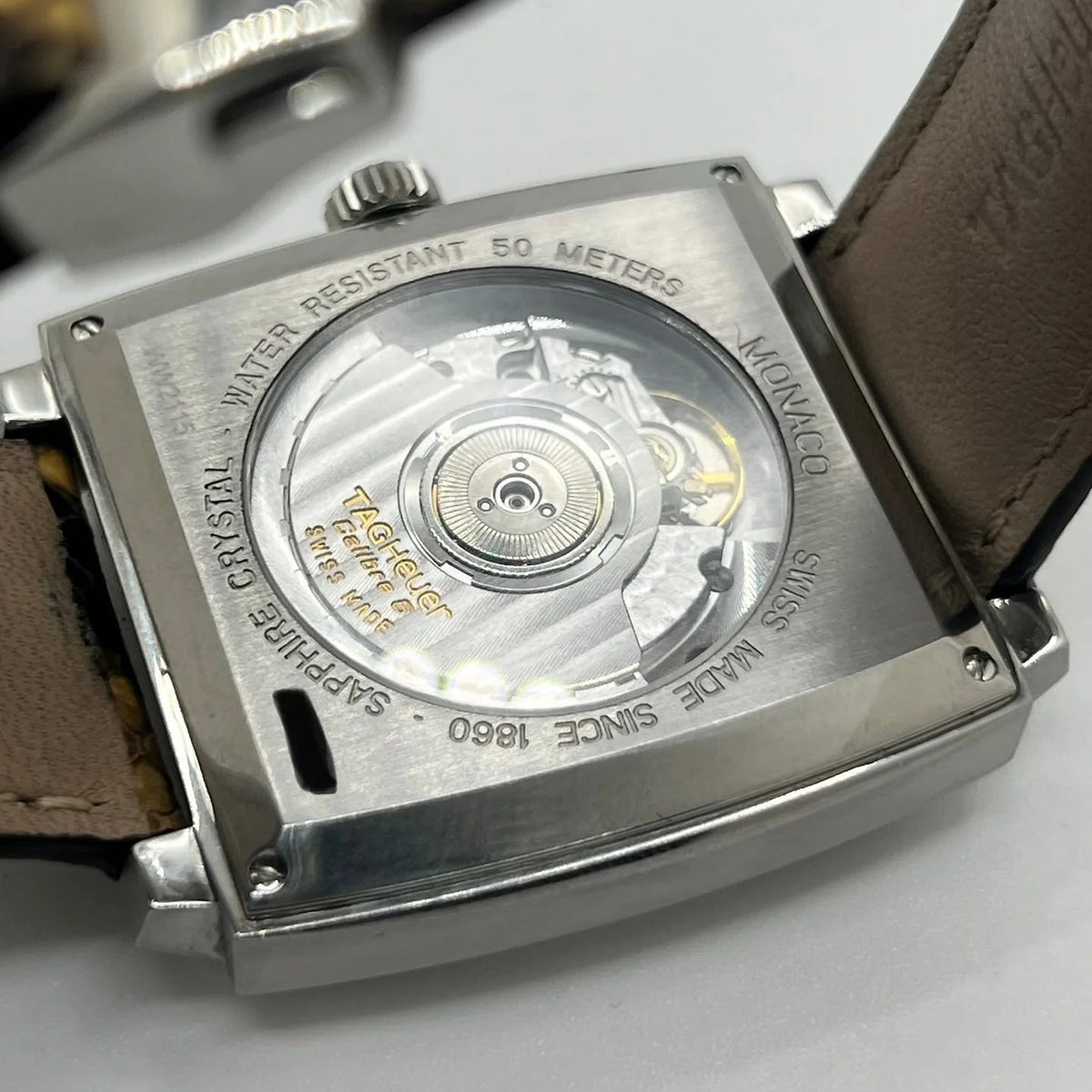 TAG HEUER "Monaco Calibre 6" Watch in Stainless Steel and Leather