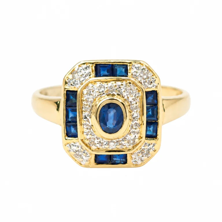 Bague Entourage en or jaune, saphirs et diamants