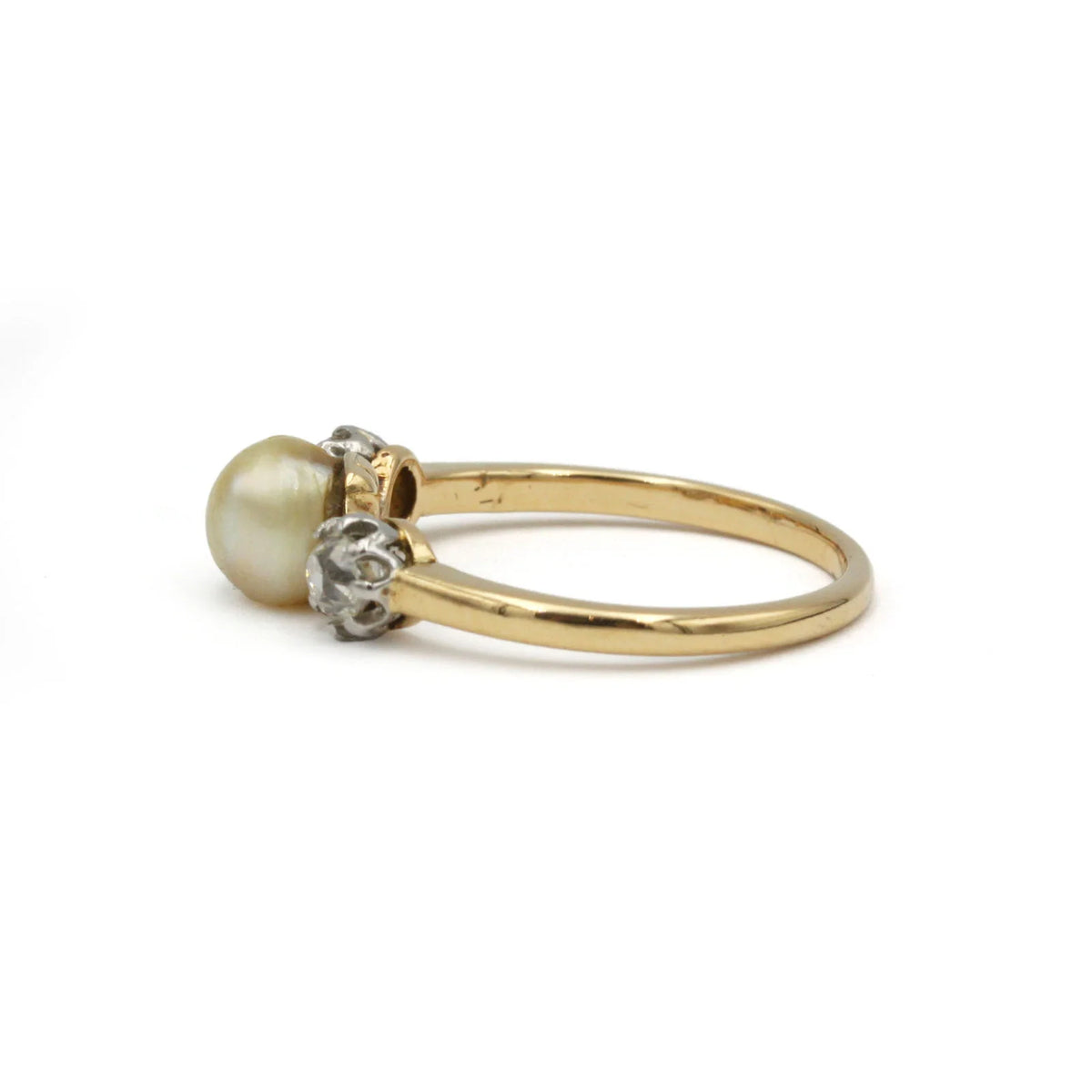 Trilogy Ring in Yellow Gold, Pearl, and Diamonds