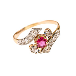 Trilogy Ring in yellow gold, Platinum, Rubies, and Diamonds