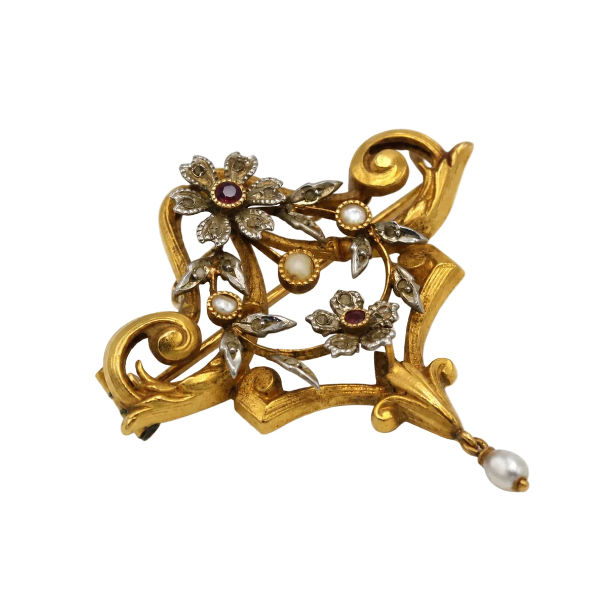 Brooch and Pendant in white gold, yellow gold, garnets, pearls, and diamonds