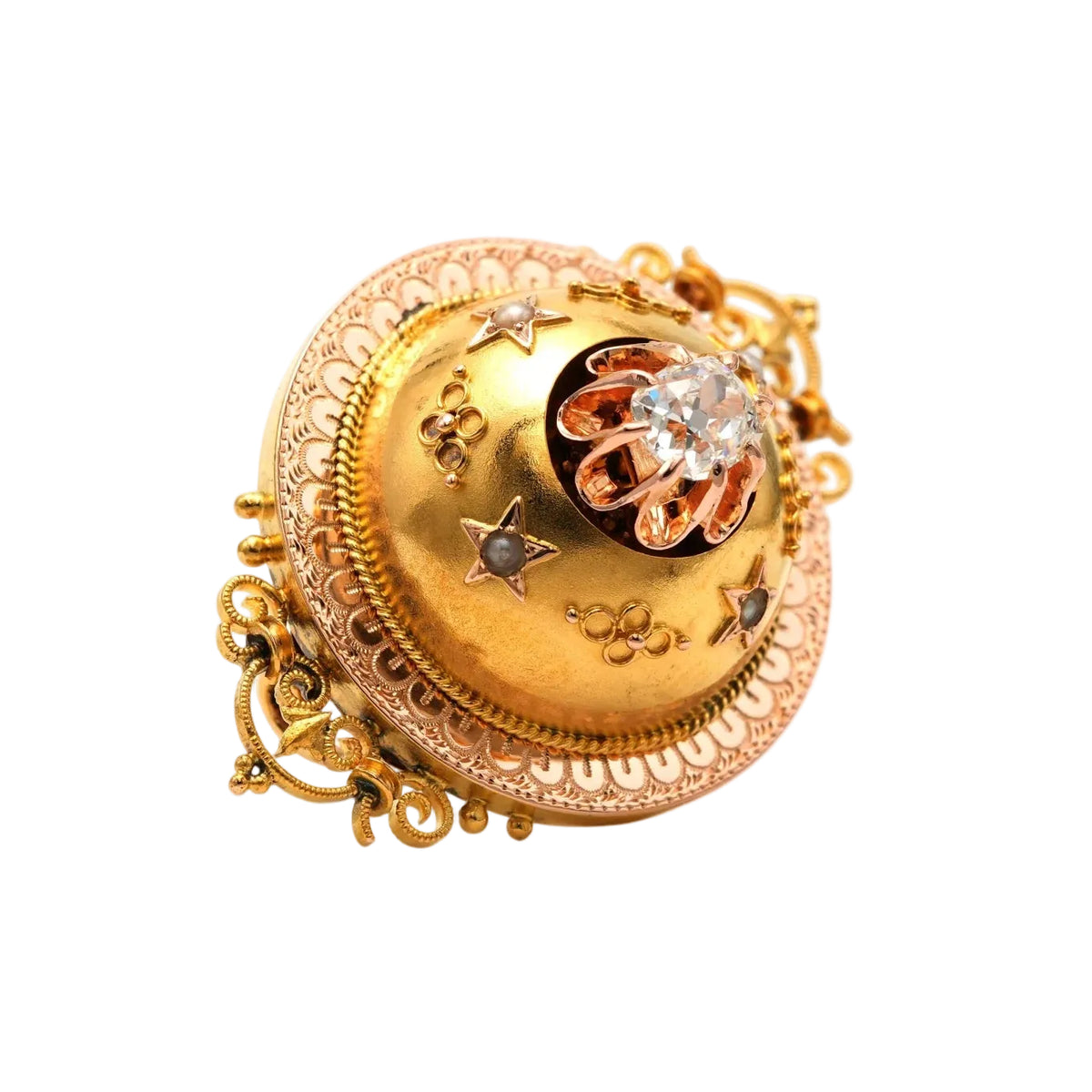Yellow Gold Brooch with Pearls and a Diamond
