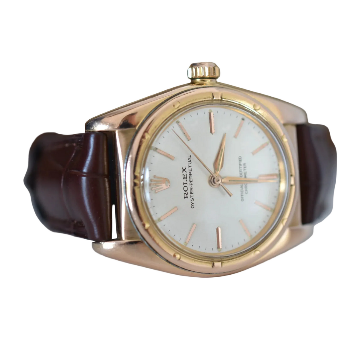 ROLEX "Perpetual Ovetto Bubbleback" watch in rose gold and leather
