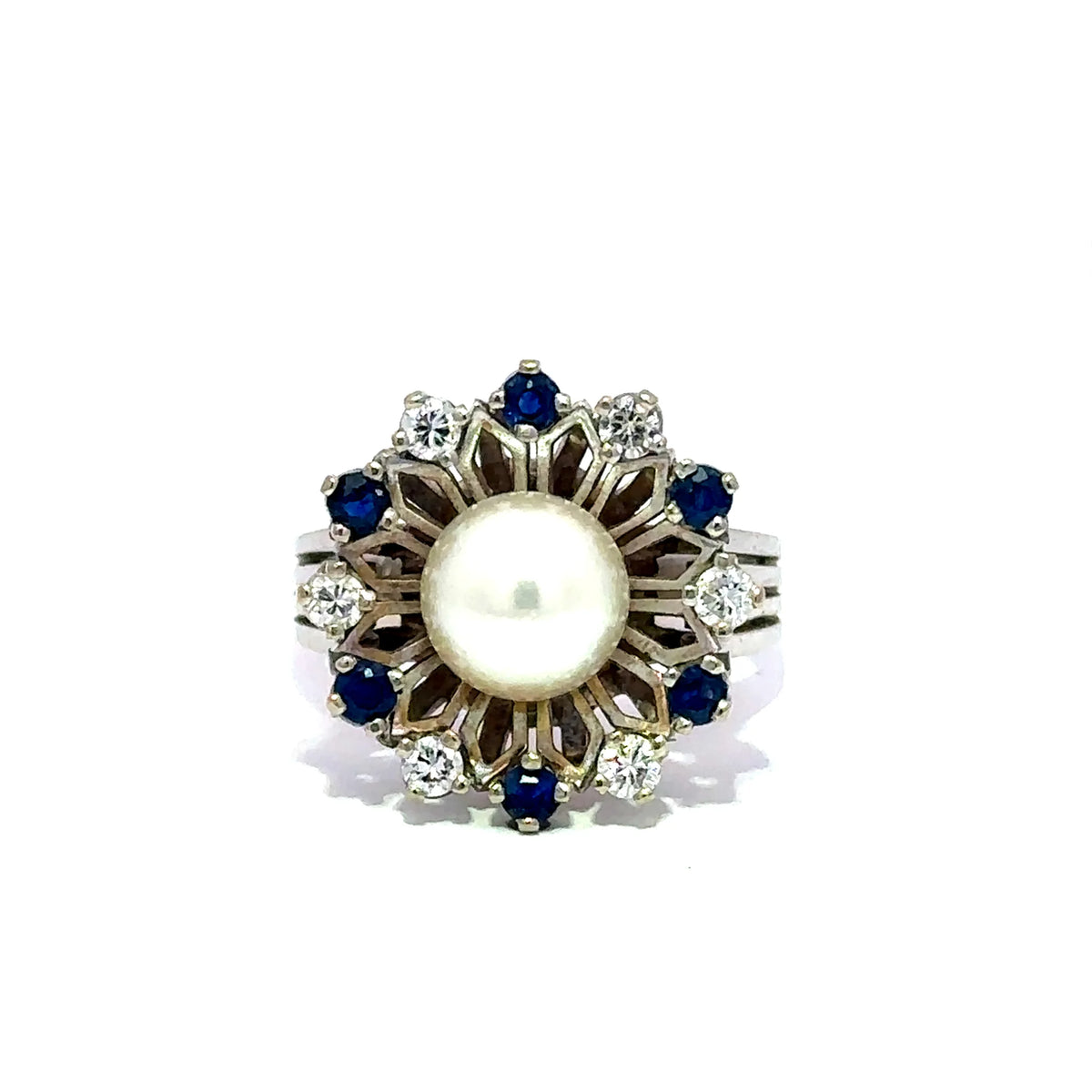 Marguerite Ring in Gold, Pearl, Sapphires, and Diamonds