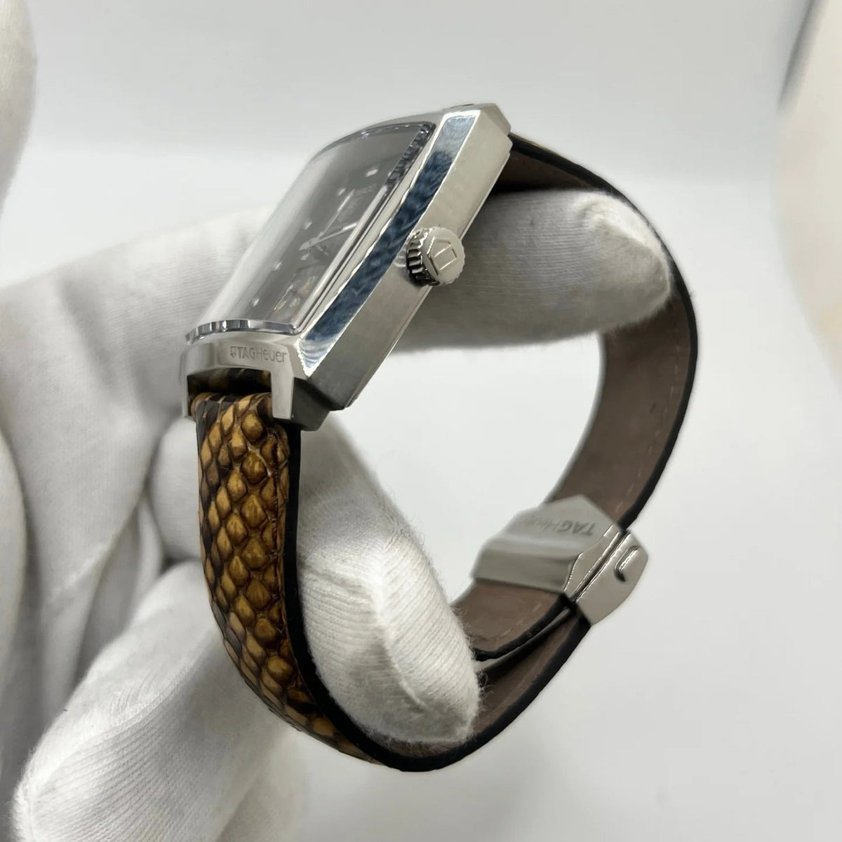 TAG HEUER "Monaco Calibre 6" Watch in Stainless Steel and Leather