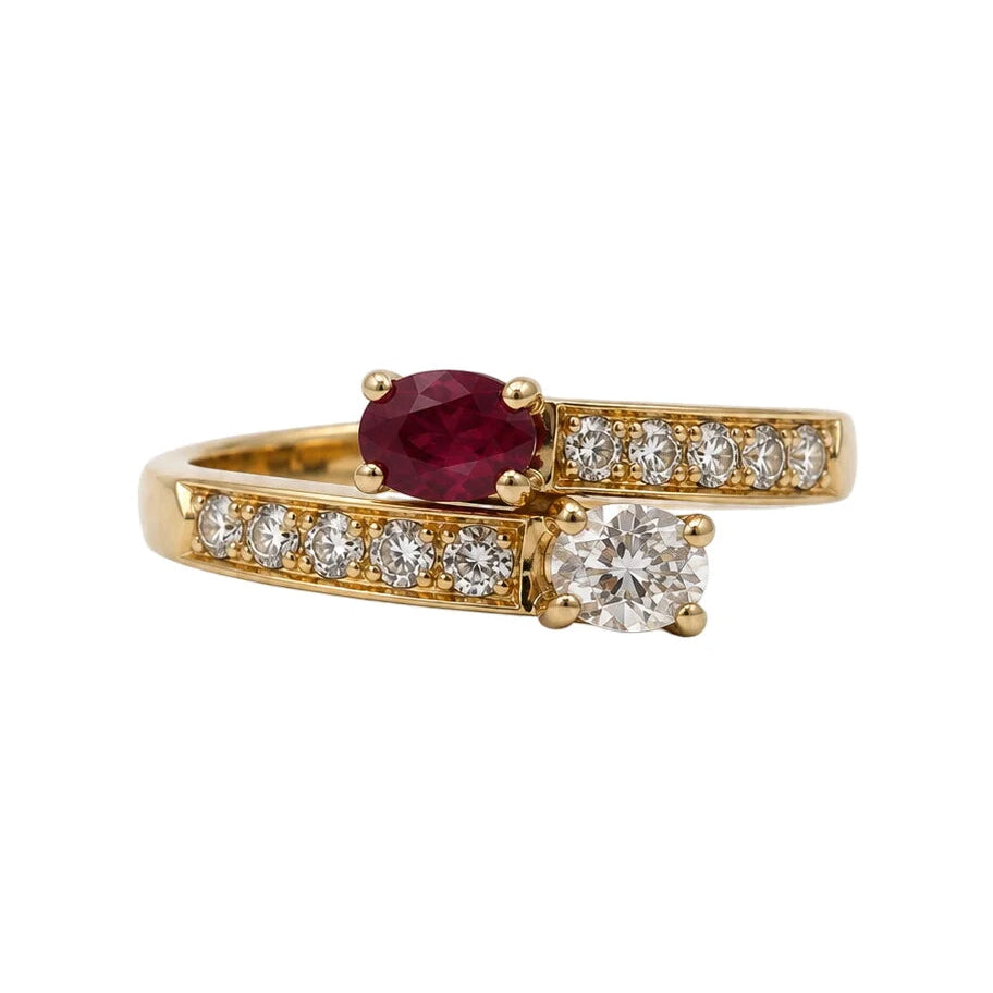 "Toi & Moi" Ring in yellow gold, rubies, and diamonds