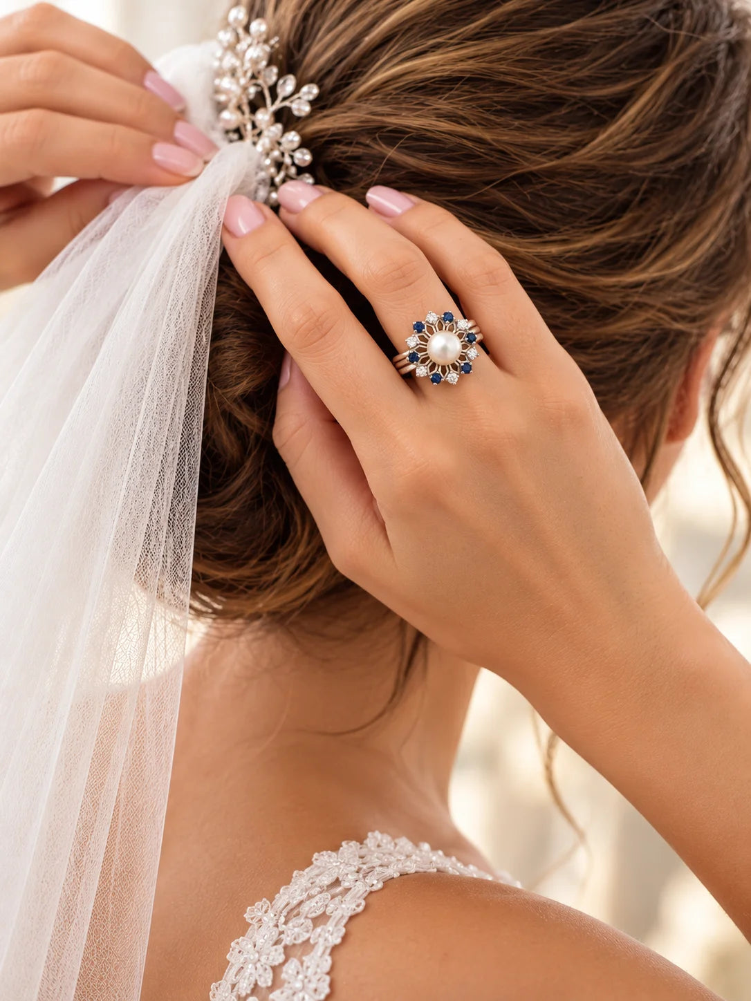 Marguerite Ring in Gold, Pearl, Sapphires, and Diamonds