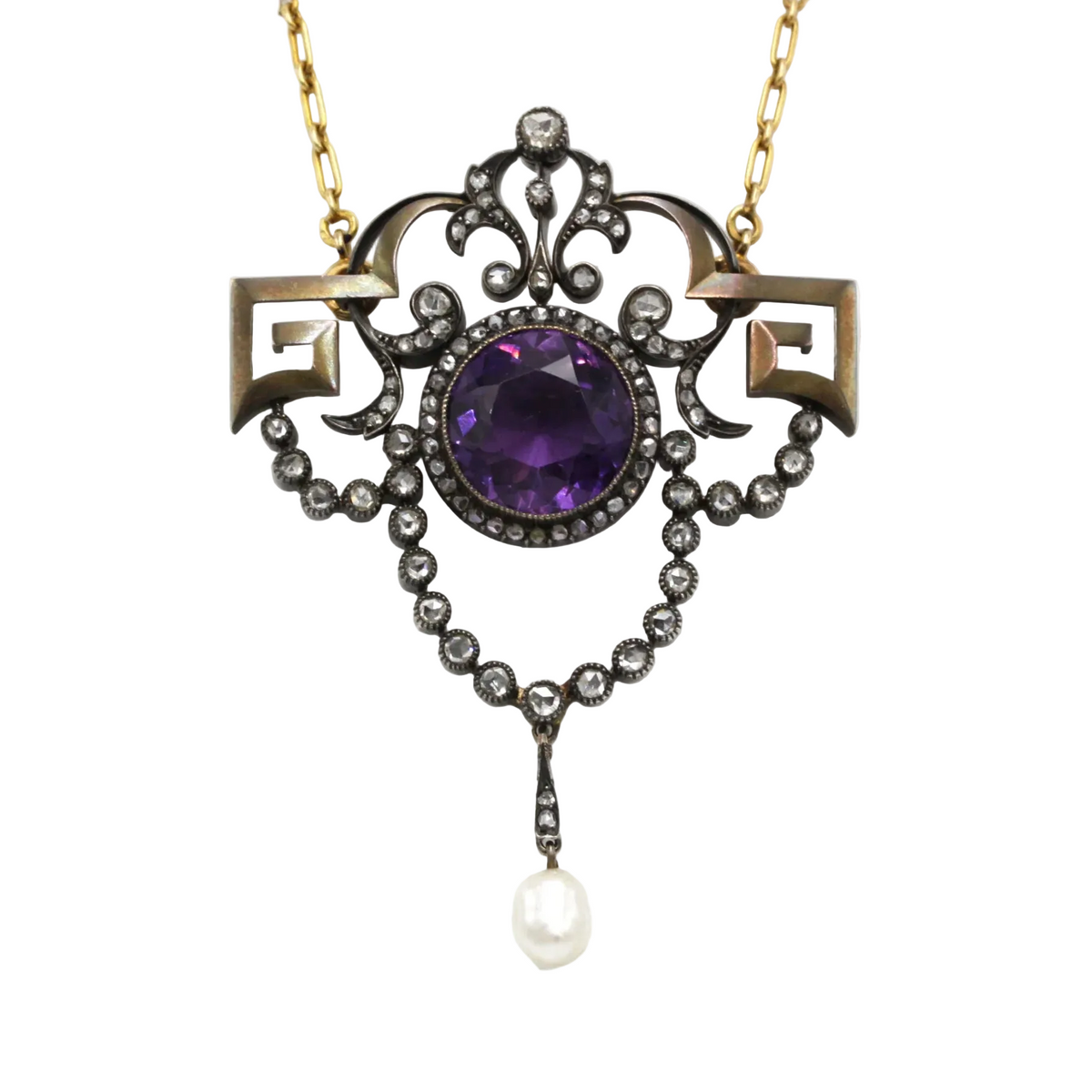 Necklace with a pendant made of yellow gold, silver, Amethyst, pearl, and diamonds
