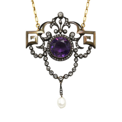 Necklace with a pendant made of yellow gold, silver, Amethyst, pearl, and diamonds