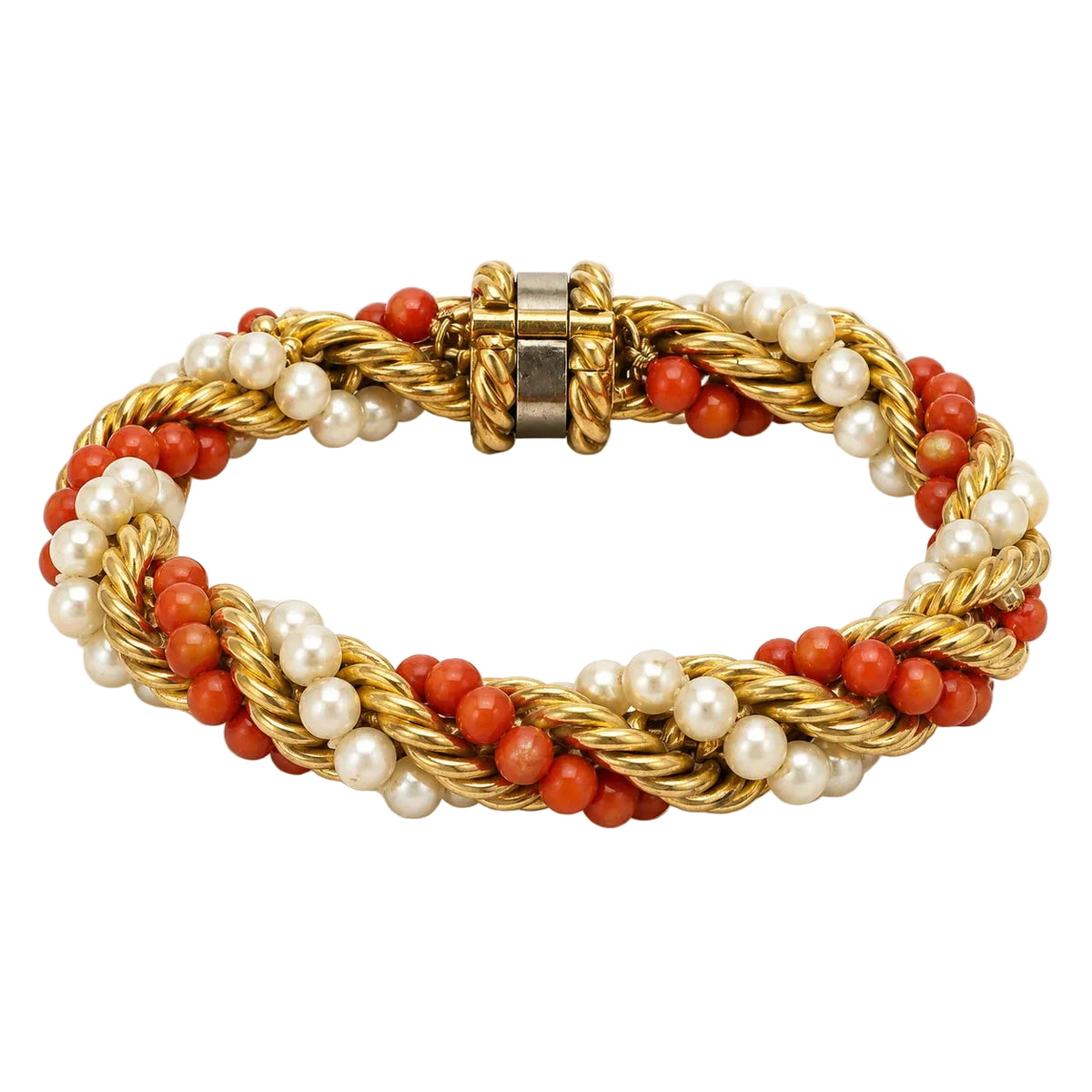 Flexible Yellow Gold Bracelet with Pearls and Coral