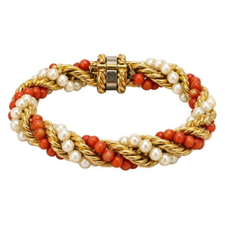 Flexible Yellow Gold Bracelet with Pearls and Coral