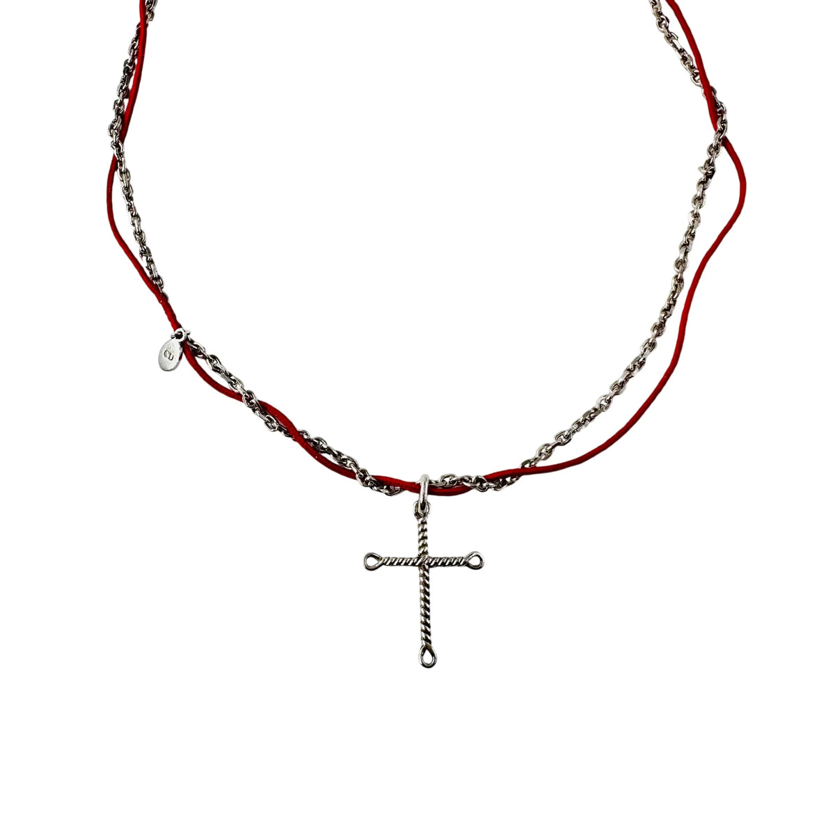 DIOR Silver Cross Pendant Necklace with Cord