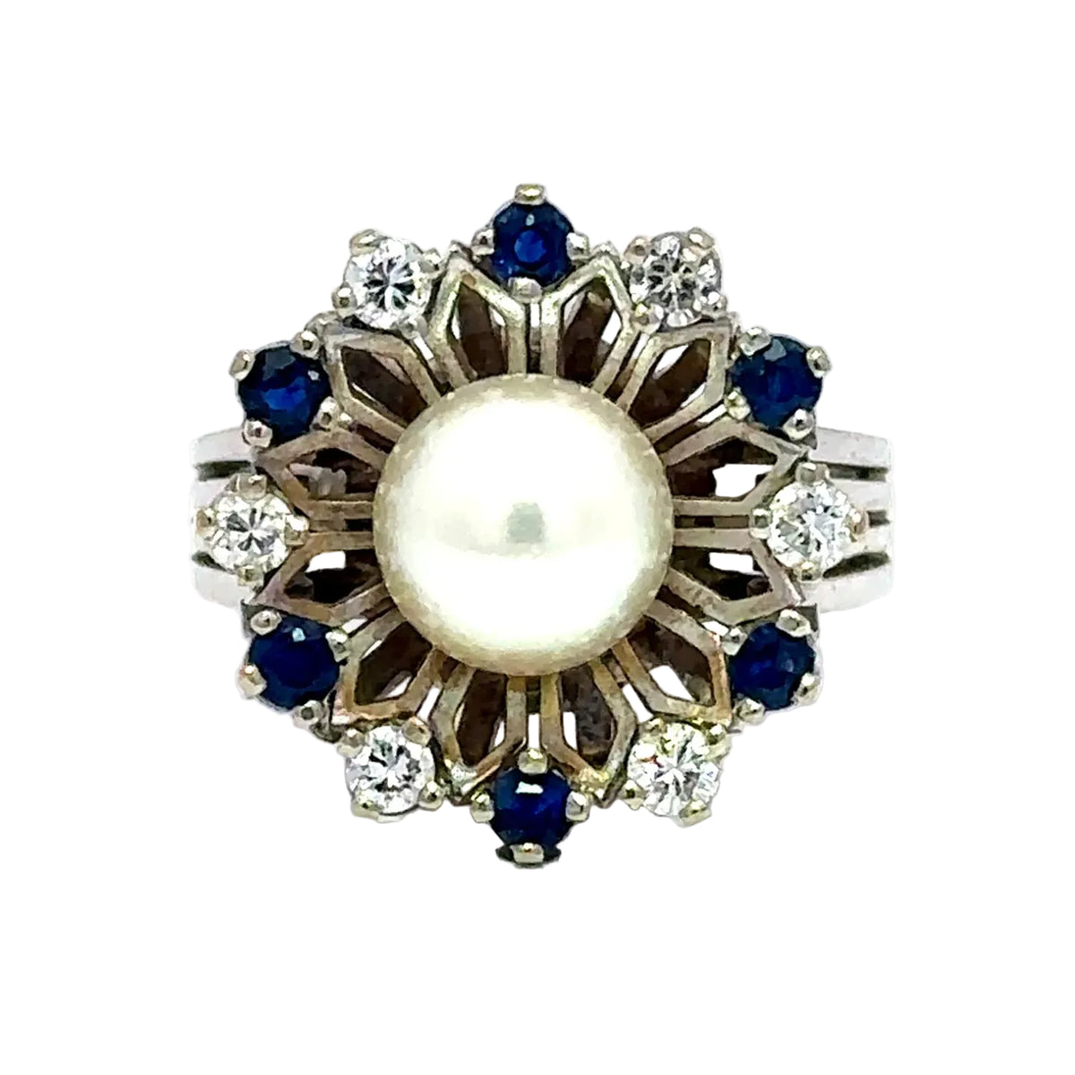 Bague Marguerite en or, perle, saphirs et diamants