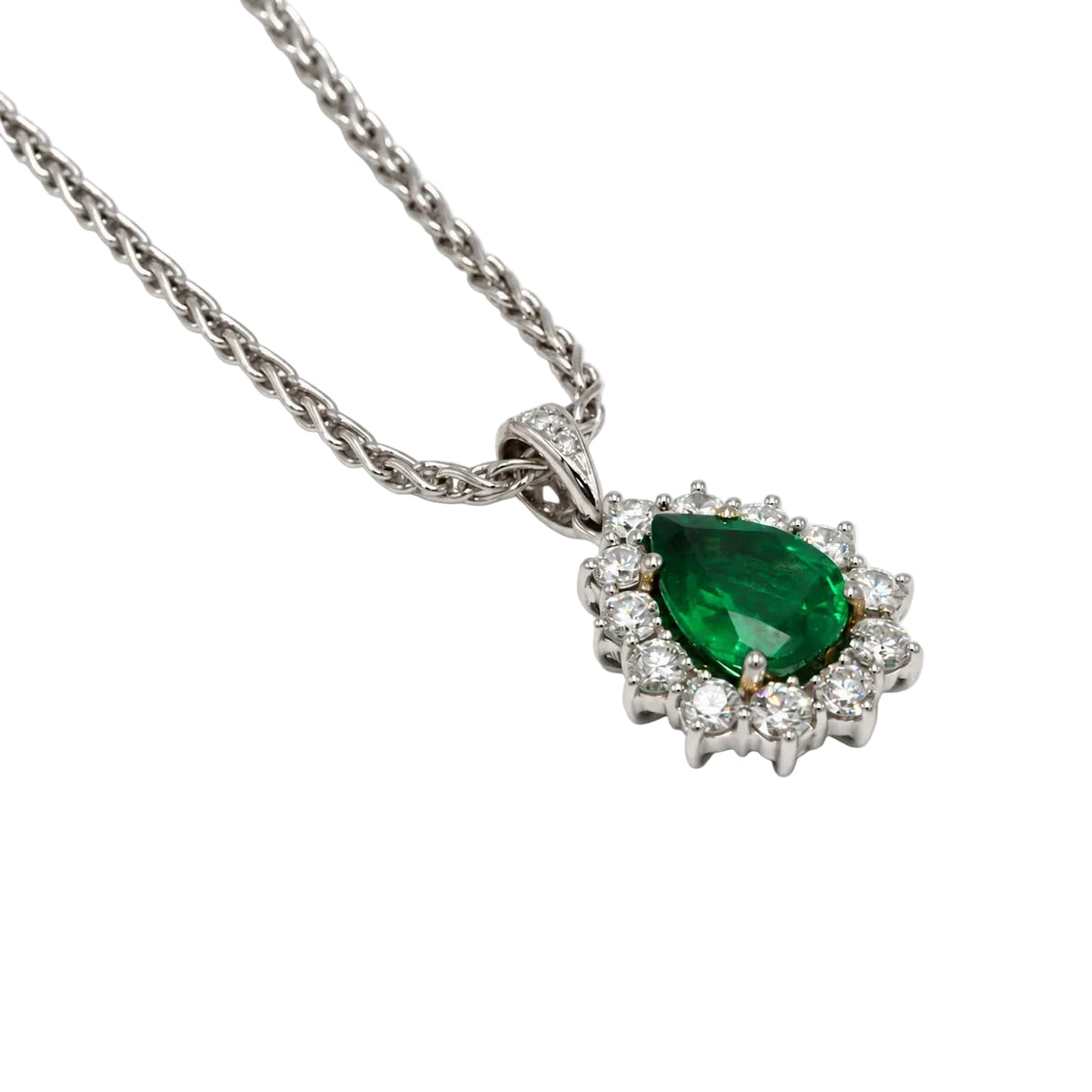White Gold Necklace with Emerald and Diamond Pendant