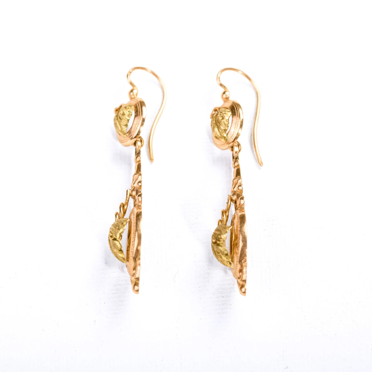 Vintage drop earrings in rose gold and green gold with a vine leaf motif