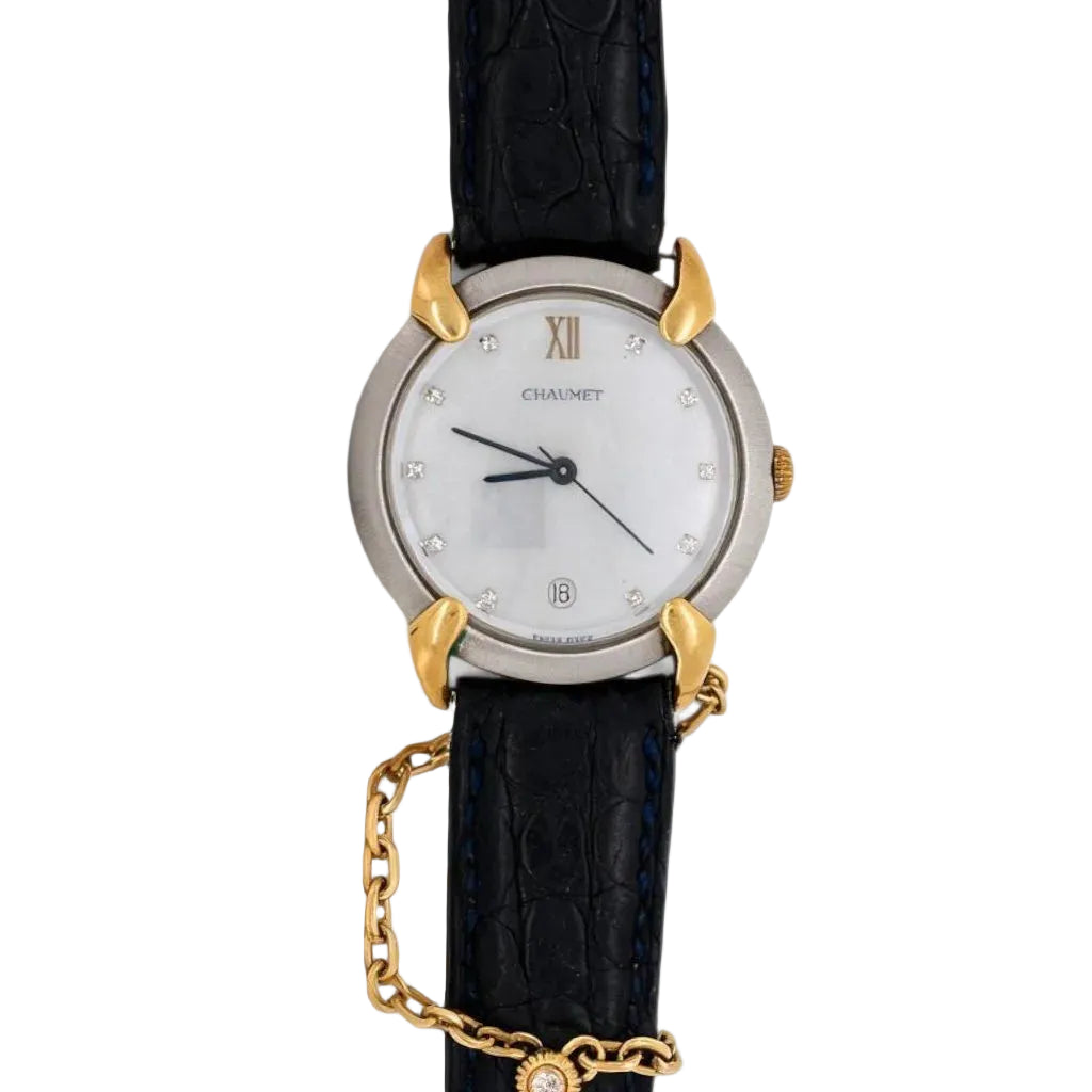 CHAUMET "Elysée" GM Watch in yellow gold, stainless steel, leather, and Diamonds