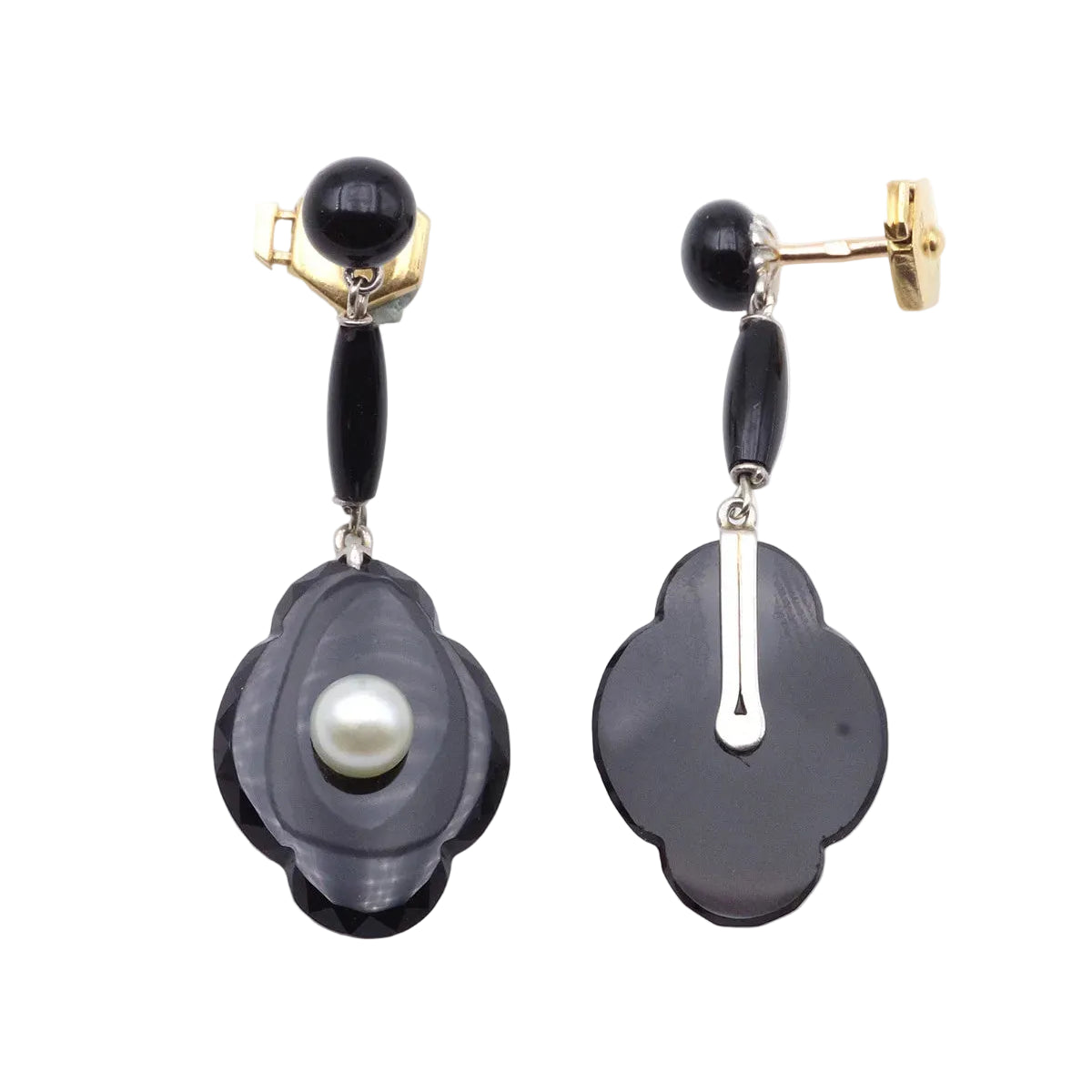 Drop Earrings in Yellow Gold, Platinum, Onyx, and Pearls