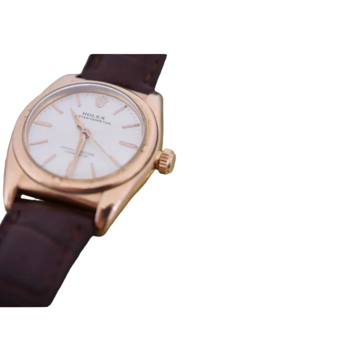 ROLEX "Perpetual Ovetto Bubbleback" watch in rose gold and leather