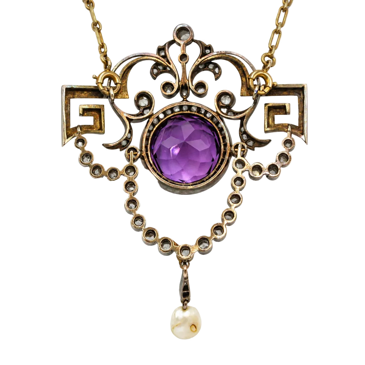 Necklace with a pendant made of yellow gold, silver, Amethyst, pearl, and diamonds