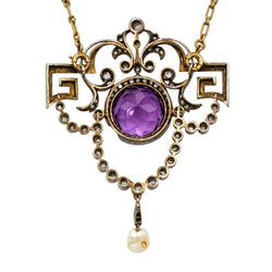 Necklace with a pendant made of yellow gold, silver, Amethyst, pearl, and diamonds