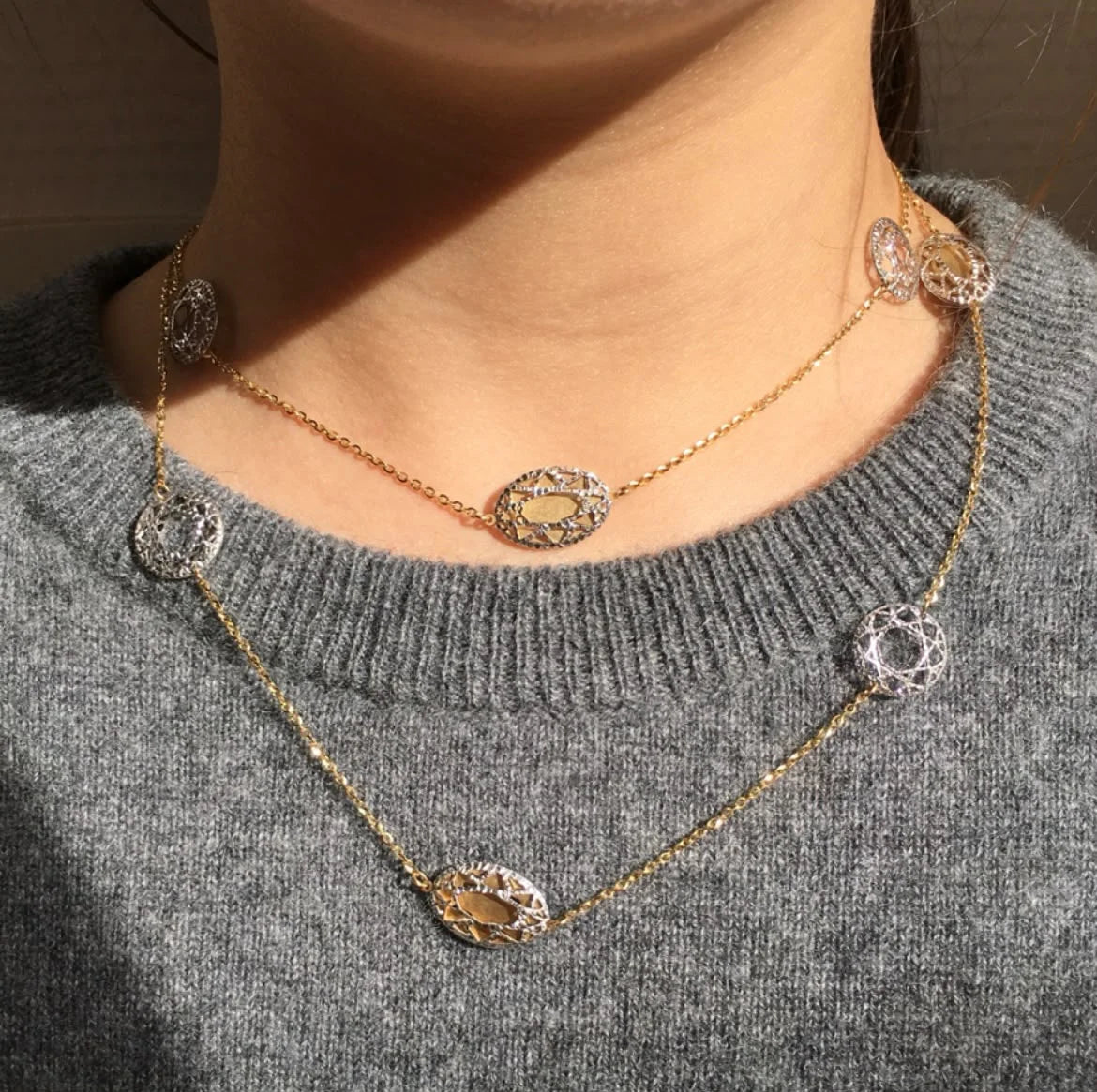Long Necklace in White Gold and Yellow Gold