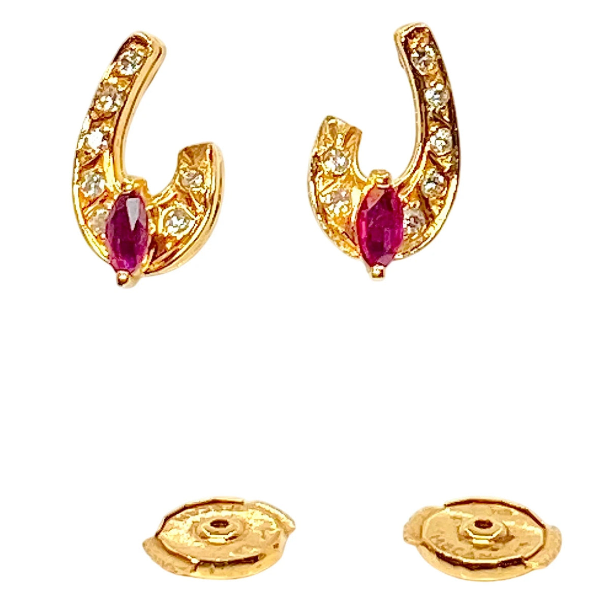 Pair of 18-carat yellow gold earrings with diamonds and red gemstones