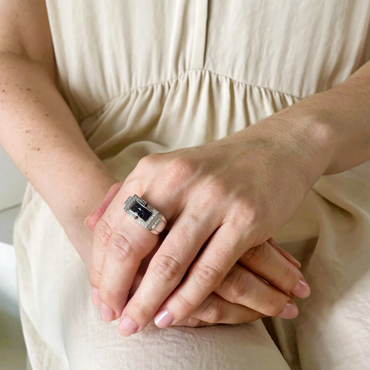 Tank Ring in White Gold, Sapphires, and Diamonds