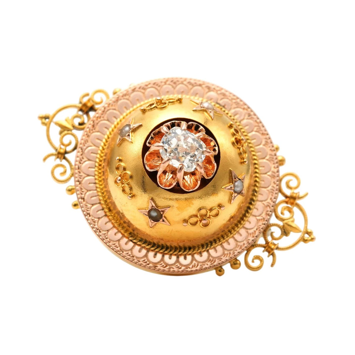 Yellow Gold Brooch with Pearls and a Diamond