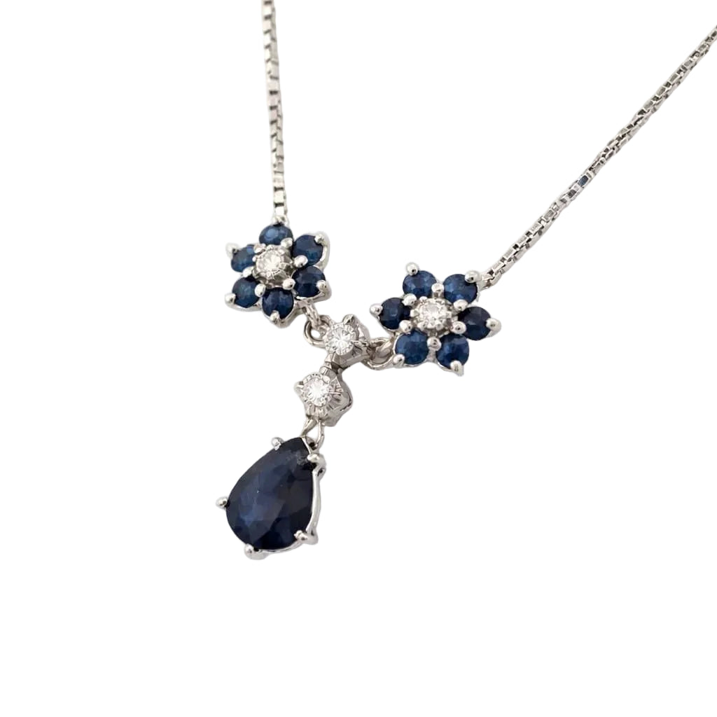 White Gold Necklace with Sapphire and Diamond Pendant