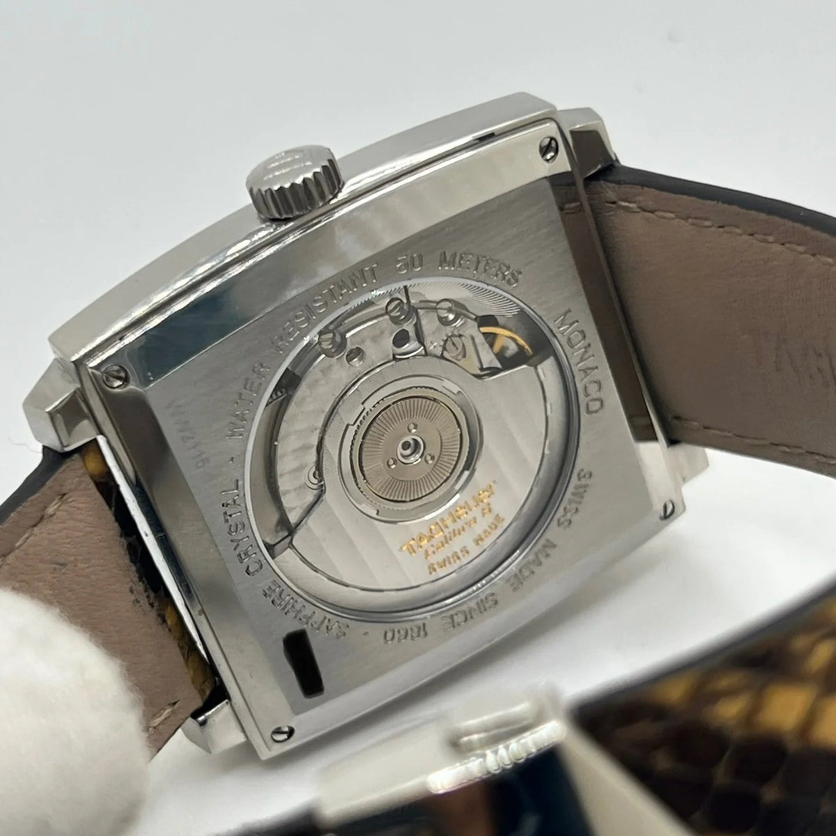 TAG HEUER "Monaco Calibre 6" Watch in Stainless Steel and Leather
