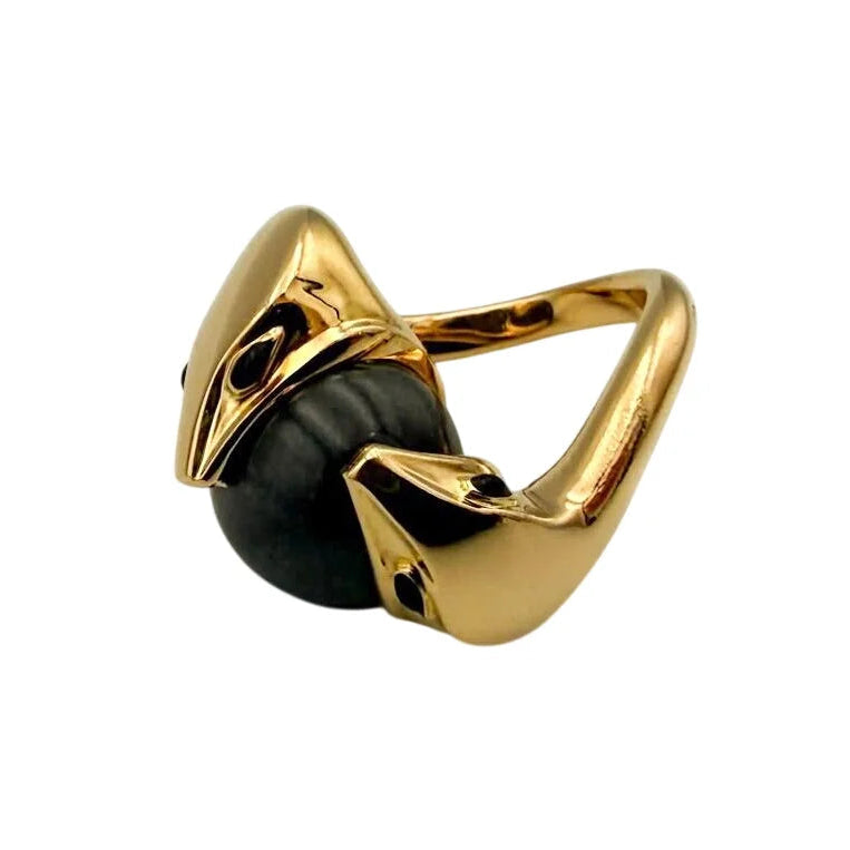 BOUCHERON “TROUBLE” Ring, 18K Gold, Gray Jade, Black Enamel (Size 52)