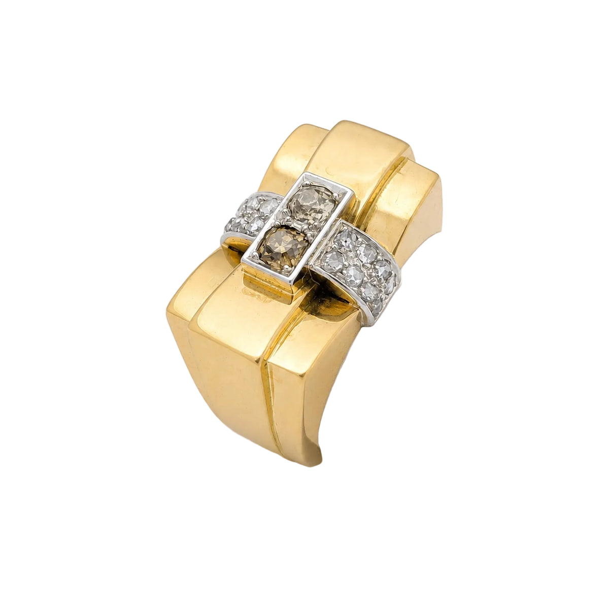 Tank Ring in White gold, Yellow gold, and Diamonds