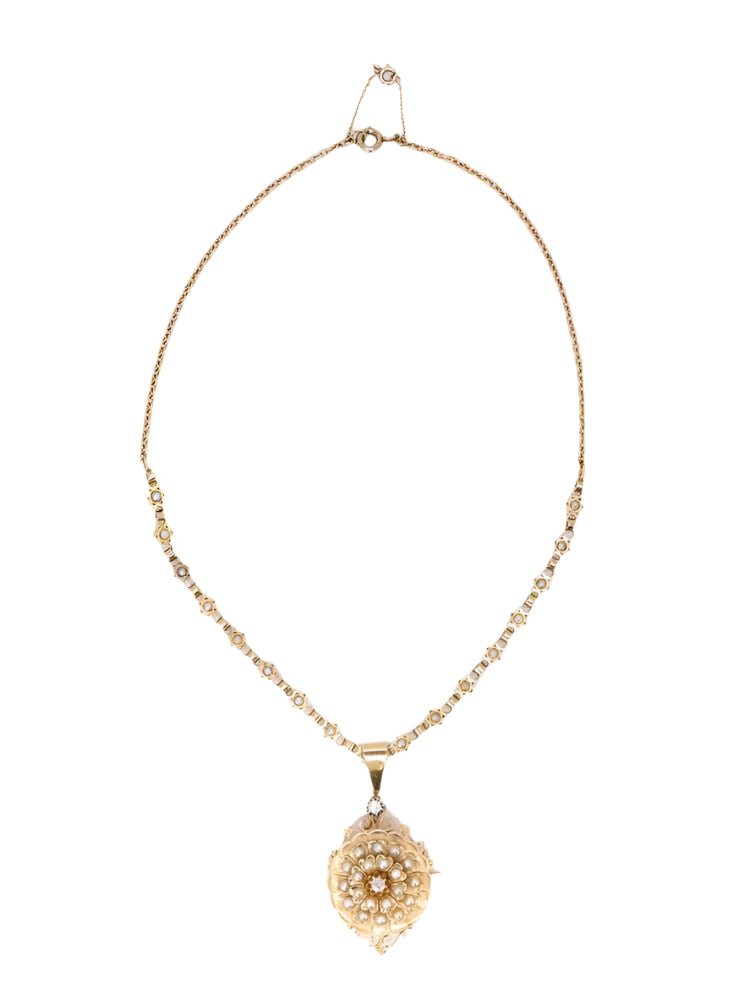 GEORGES BRUNET - Collier Napoléon III or jaune diamants perles fines - Castafiore