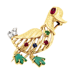 Broche « Canard » en or jaune, pierres précieuses et diamants.