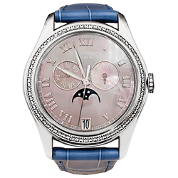 Montre Patek Philippe, "Annual Calendar", or blanc, nacre, diamants.