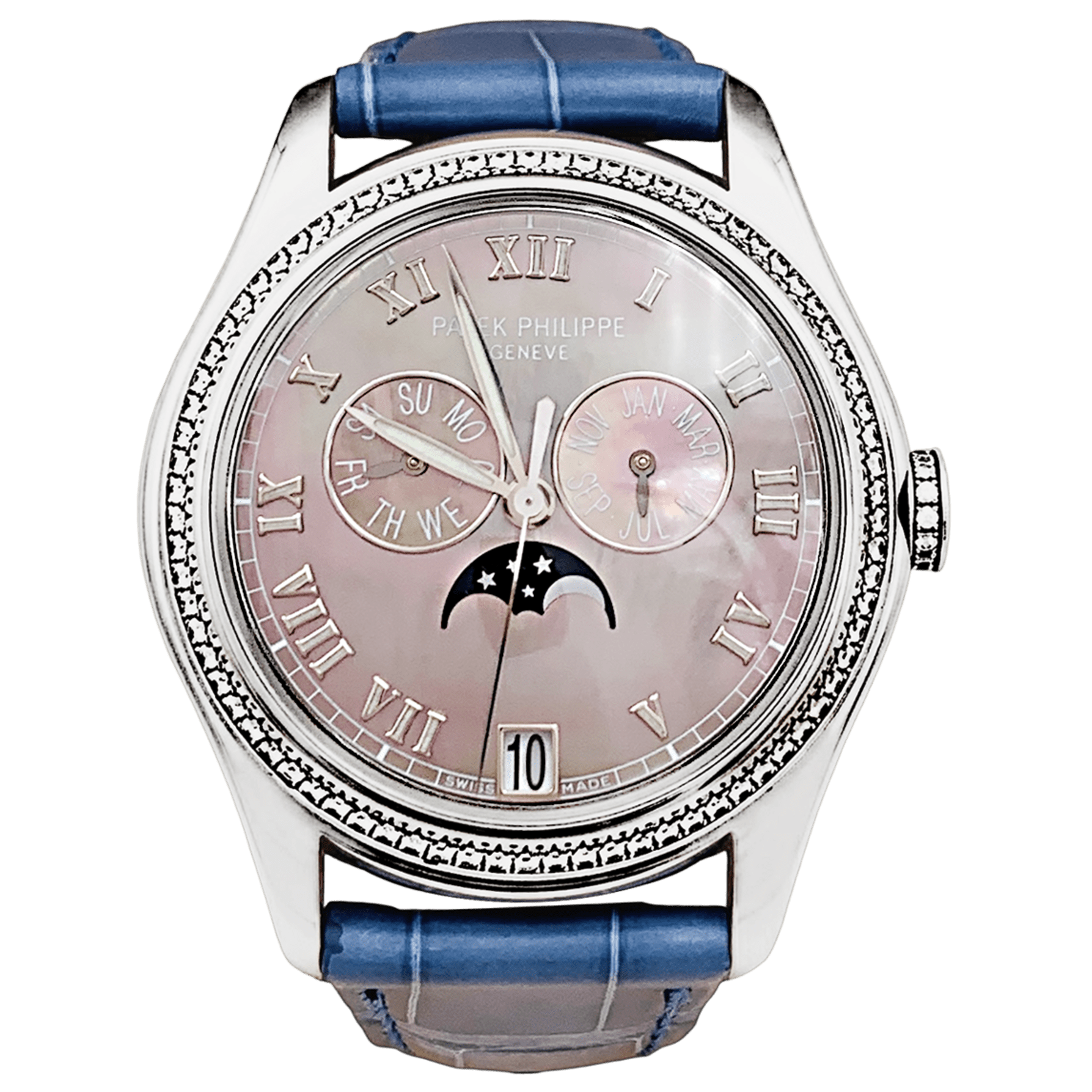 Montre Patek Philippe, "Annual Calendar", or blanc, nacre, diamants.