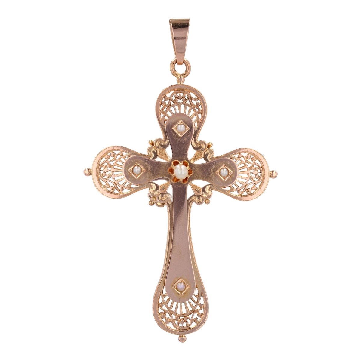 Grande croix ancienne or rose et perles fines - Castafiore