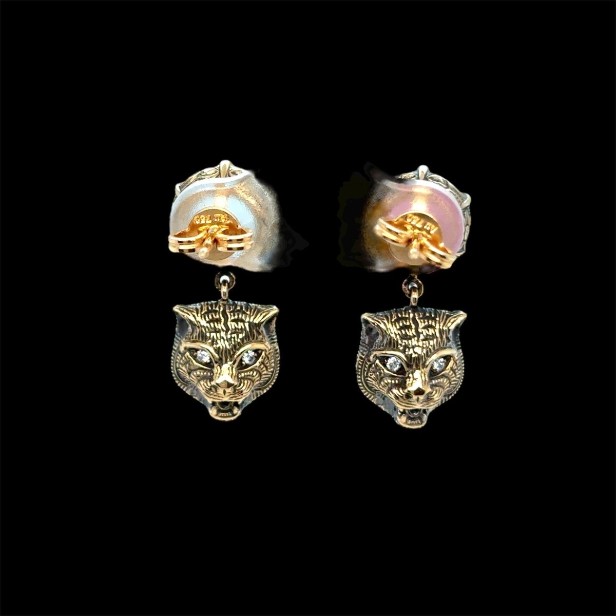 Gucci Le Marche Des Marseilles Cat Head Gold Gemstone Stud Earrings - Castafiore
